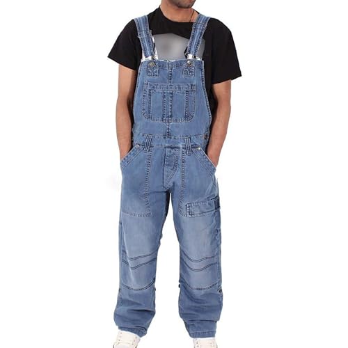 Men Casual Denim Bib Overalls Simple Convenient Multi-Pocket Straps Jeans Y2K Retro Adjustable Loose Jumpsuit (Light Blue,XX-Large)