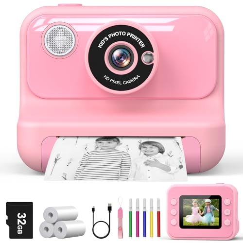 Cámara Instantánea Niños, 2.4'' Pantalla Camara Fotos Infantil Instantanea con Tarjeta 32GB y 3 Rollos de Papel, Regalo de Cumpleaños para Niños y Niñas de 3 a 12 Años