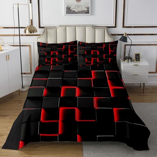 Manfei Geometric Abstract Art Bedspread Twin Size,Honeycomb Hexagon Bedding Set 2pcs for Kids Teens Living Room Decor,Red Neon Light Quilted Coverlet Soft Breathable with 1 Pillowcase
