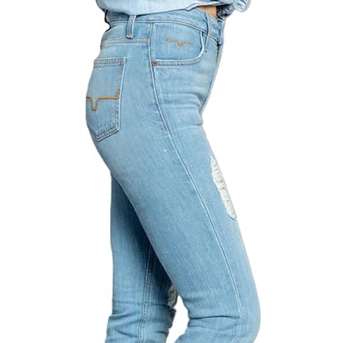 Kimes Ranch Women's Sugar Fade Casual Western Ultra-High Rise Wide Flare Distressed Blue Washed Denim Jeans2