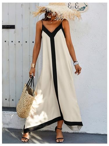 Image of GORGLITTER Women's Sleeveless V Neck Oversized Maxi Long Dress Boho Bump Friendly Color Block Casual Beach Sun Dresses