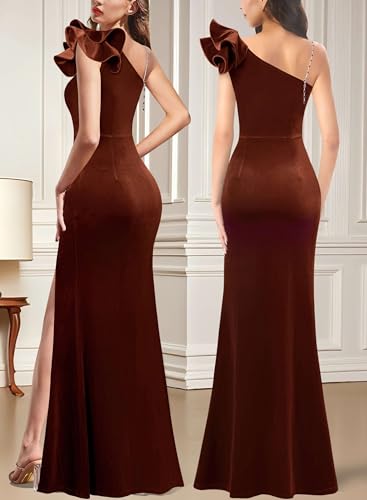 Image of VFSHOW Womens Ruffle One Shoulder Strap Ruched Formal Prom Wedding Maxi Dress V Neck Elegant Split Cocktail Evening Long Gown