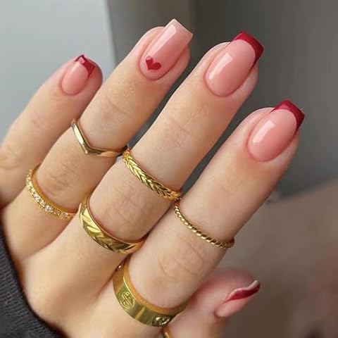 24 Pcs Short Medium Square Press on Nails, ASONRL French Red Tip Fake Nails with Red Heart Accents - Glue Nail Kit Reusable Acrylic False Nails for Women, Red Tip Heart Square Cover
