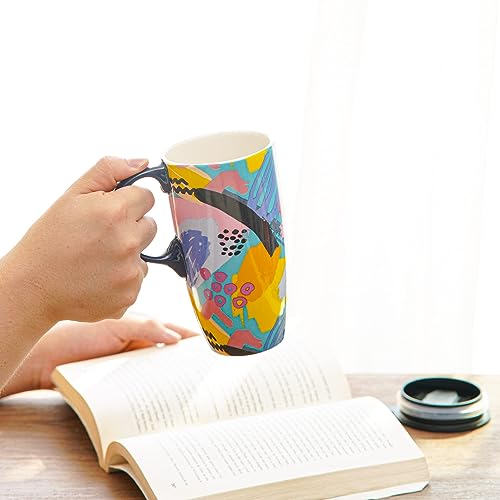 DUSVALLY Ceramic Mug Large Coffee Mug Tall Cups Porcelain Latte Tea Cup with Lid 17oz,Doodle, 16.5 cm - Image 4