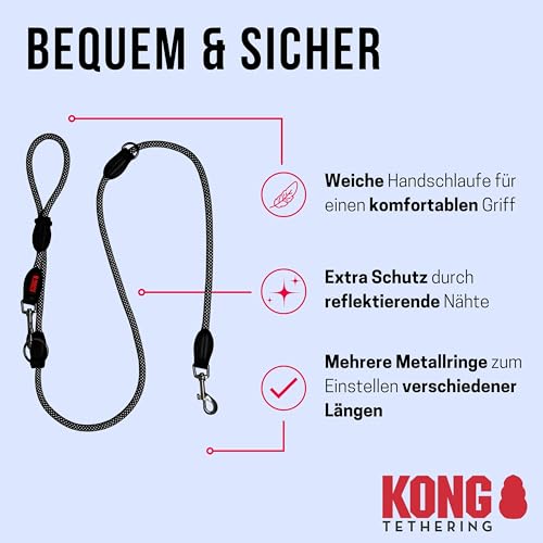KONG 3-Fach Verstellbare Doppel-Hundeleine 2m I Für Große Hunde Bis 50kg I Größe L I Laufleine Mit 2 Robusten Karabinerhaken I Hochwertige Seil-Führleine in Schwarz