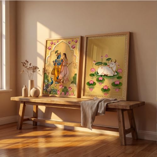 Image of Suneree Pichwai Radha Krishna Nandi Cow Gold Wall Art Painting | Set of 2 Framed Paintings | Traditional Indian Decor for Living Room Pooja Room Bedroom | (ART 8, 13x19 INCHES)