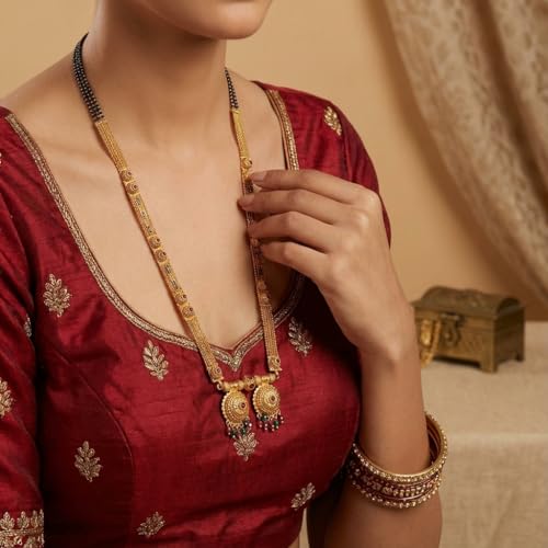 Image of Traditional 36-Inch Patti Mangalsutra | Gold-Plated Long Black Beads Mangal Sutra for Women | Matte-Finish Copper material