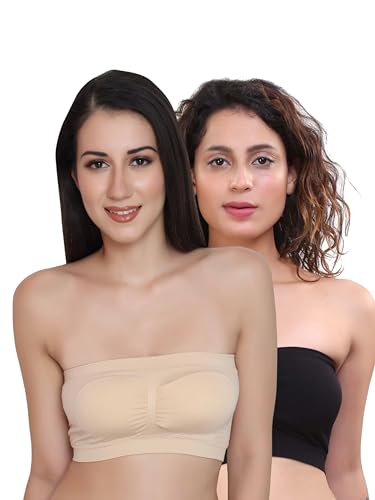 Image of GLAMORAS Polyester Spandex Padded Strapless Non Wired Removable Pads Seamless Bandeau Tube Top Bra, Pack of 2