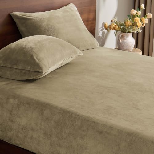 Image of BEDELITE Flannel Full Fitted Sheet & Pillowcases Set, Camel, 3 Pieces | Ultra Soft Plush Fleece Bed Sheet with Elastic Corner Straps, 16 Inch Deep Pocket, Fuzzy All-Season Gift & Room Decor