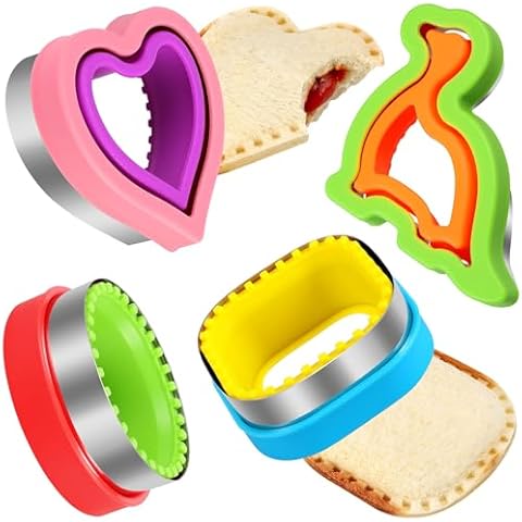 HINZER Sandwich Cutter and Sealer Set Uncrustables Maker 4 Pcs Bread Decruster Pancake Maker Heart Square Circle Dinosaur Shape DIY Cookie Cutters Gift for Kids Adult Boys Girls Cover