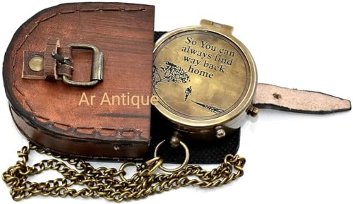Brújula de Bolsillo de Latón Grabada con Estuche de Cuero - Vintage Náutica, Regalo Personalizado Único para Hombre, Camping y Senderismo miniatura 6