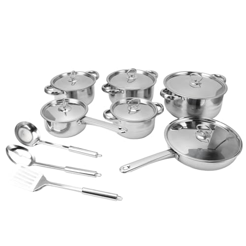 Set de Ollas y Sartenes de Acero Inoxidable, Cocina Completa con Tapas y Utensilios, Juego de Menaje para Hogar - Resistente al Calor, Fácil Limpieza, Ideal para Cocinar en