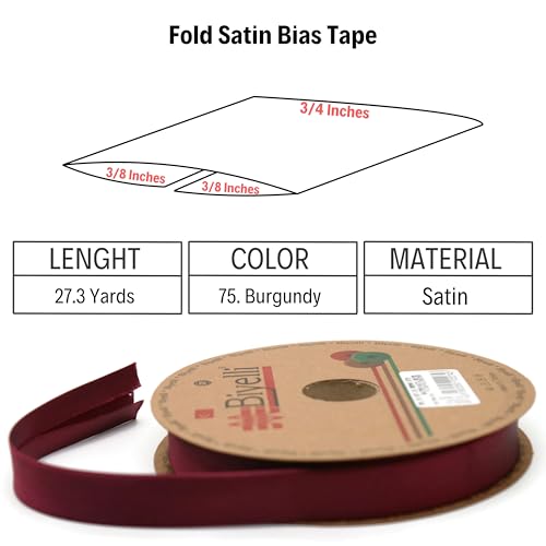 Image of Fold Satin Bias Tape - 99+ Colors - 3 /4 Inches Wide - 27 Yards - Fold Satin Binding Bias Ribbon Fabric Piping Bias Binding Tape for Sewing Clothing DIY (75. Burgundy) BYS75