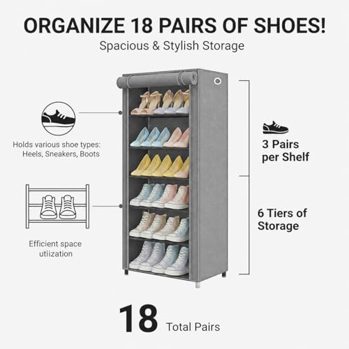 Image of Easy Buy 6 Layer Foldable Shoe Rack Organizer Grey Shoe Plastic Rack 6 Shelves Zip Door With Cover & Side Pocket |Dustproof Storage Organizer for Footwear Multi-Pair Shoe Stand with Side Pocket (Grey)