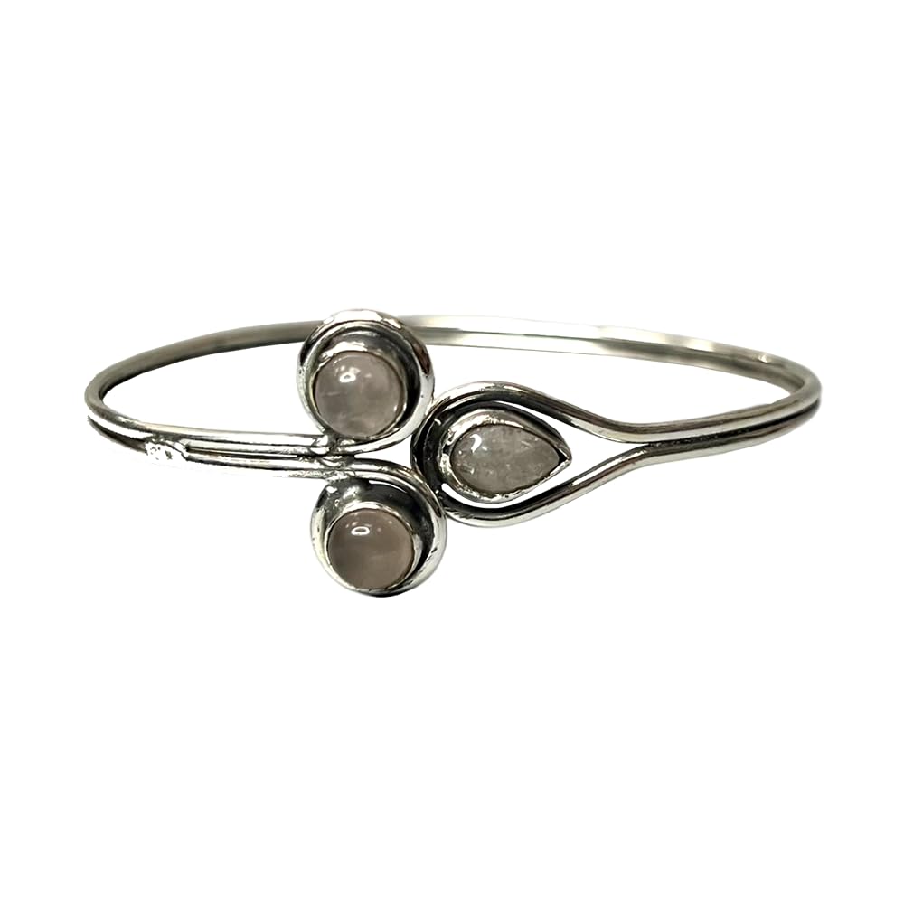 VIE Silver Plated Adjustable Trinity Cuff Bangle, Rose Quartz