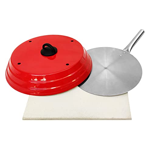 Kit Pizza Para Churrasqueira com Pá de Pizza Alumínio Pedra Refratária Quadrada 35x35cm e Abafador (