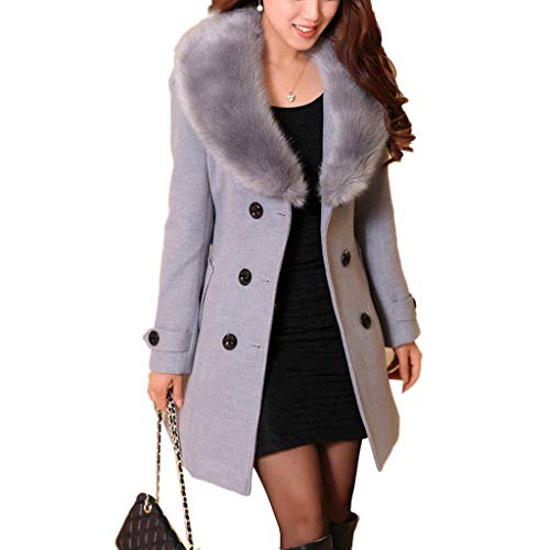 watersouprty Women's Faux Fur Lapel Double-Breasted Thick Long Wool Trench