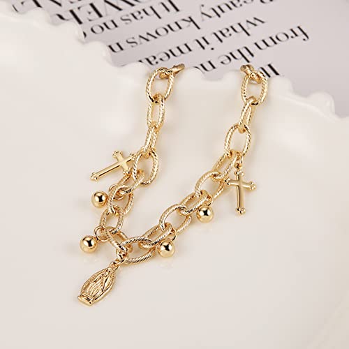 HZMAN 14K Gold Plated Cable Chain Bracelet for Women Dainty Rosary Bead Cross Virgin Mary Link Bracelet Jewelry Gift4