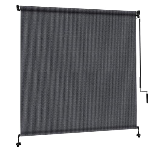 Image of Outdoor Roller Shades with 90% UV Protection, Exterior Cordless Splicing Sunshade 2 Poles & 1 Fabric, 8' W x 6' H Patio Roll Up Outdoor Blinds for Porch, Gazebo, Balcony, Pergola, Blue Grey