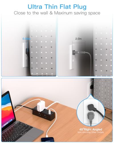 10Ft Extension Cord with Multiple Outlets, Flat Plug Power Strip Surge Protector with 10 Ft Long Cord, 6 Outlet 3 USB Ports (1 USB C), Multi Outlet Wall Plug for Travel, Dorm Room Essentials-Black - 7