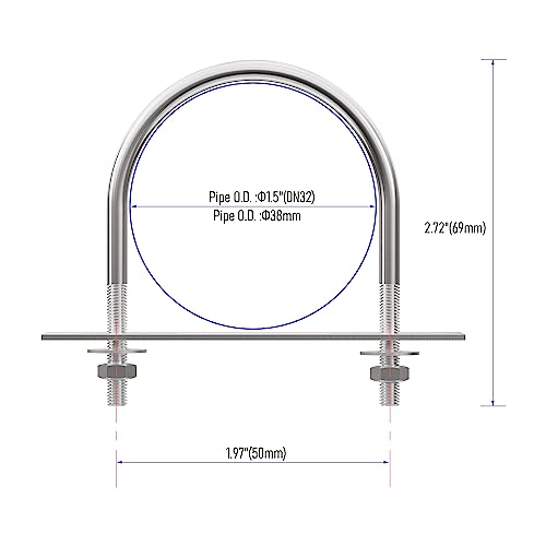 Image of 4 Sets 304 Stainless Steel Round Bend U-Bolts 1.5 inch(38mm) Inner Width 2.72 inch(69mm) Length M10 with Nuts, Frame Plate, Washers, Accessories for Boat Trailer Axle Sailboat Trailer