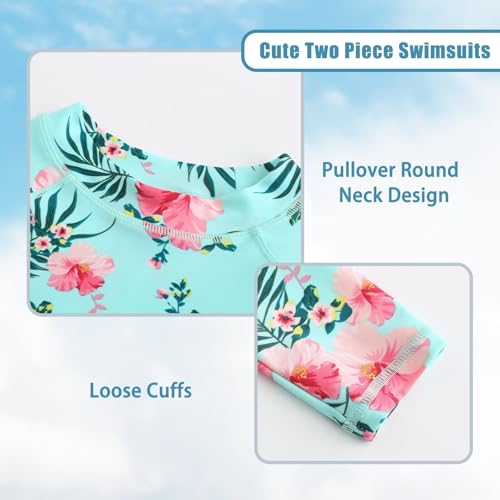 Image of Girls Two Piece Rash Guard Swimsuits Set Short Sleeve Bathing Suit for Kids Hawaiian Swimwear Set 3-16 Years