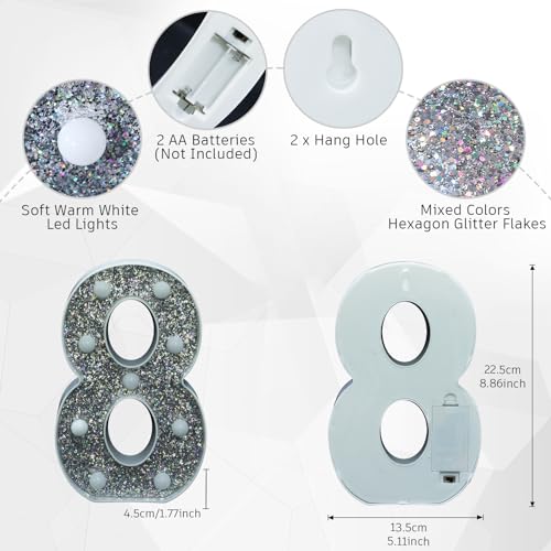 Image of Light Up Letters, Marquee Light Letter for Table Decorations, Glitter Light Up Signs for Prom, Events, or Engagement Party Decor, Featuring Alphabet & Number Lighted Letters, Number 8