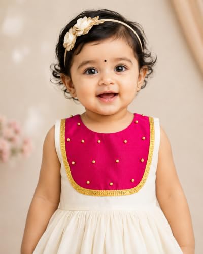 Image of Stanwells Kids Dress for Girls Embroidery Knee Length Traditional Applique Kerala Ethnic Frock for Baby Girls Zipper Beautiful Sleeveless Birthday Dress for Girls Cream & Green (4 Months-7 Years)