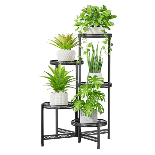 Image of iDavosic.ly 5 Tier Large Plant Stand Indoor with 10-Inch Wide Drainage Tray, Tiered Corner Metal Outdoor Flower Display Holder Shelf, Folding Tall Rack for Patio Porch Balcony, Black Iron Carving
