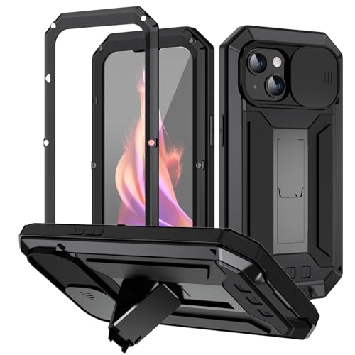 ANROD for iPhone 15 Case, Shockproof Hard Case Aluminum Metal Gorilla Glass Military Heavy Duty Sturdy Protector Cover for iPhone 15, with Lens Protection Cover (Black)