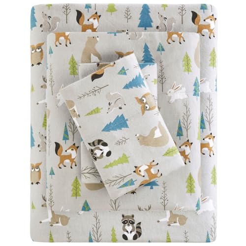 True North by Sleep Philosophy Cozy Flannel Warm 100% Cotton Sheet - Novelty Print Animals Stars Cute Ultra Soft Cold Weather Bedding Set, King, Multi Forest Animals 4 Piece