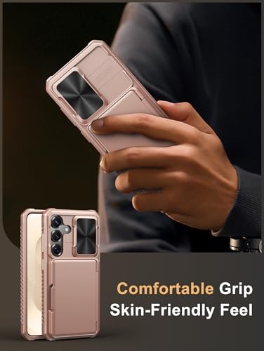 Image of Vihibii for Samsung Galaxy S25 Case with Card Holder (4 Cards) [RFID Blocking] & Slide Camera Cover, Military Grade Drop Protection, Rugged Back & Silicone Edge Wallet Case, 6.2 inch 2025, Rose Gold