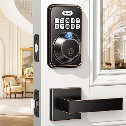 Zowill DK02A-L Fingerprint Front Door Lock Set with 2 Handles - Auto Lock & One-Touch Lock, Easy Install, Electronic Keypad Deadbolt, Keyless Entry Door Lock with Handle for Front Door