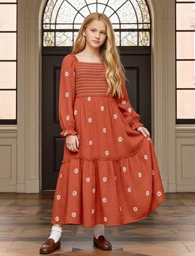 Sunny Spirit Girls Maxi Dress Fall Casual Floral Boho Long Puff Sleeves Square Neck Embroidered Smocked Dresses 5-14 Years4