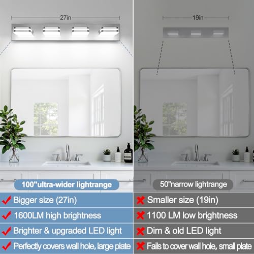 Image of Torondo 360 Rotate LED Bathroom Vanity Light Fixtures, Acrylic Vanity Lights for Bathroom, Modern Wall Lighting Fixtures Over Mirror Living, Chrome, Natural White, 4-Light, 27-Inch