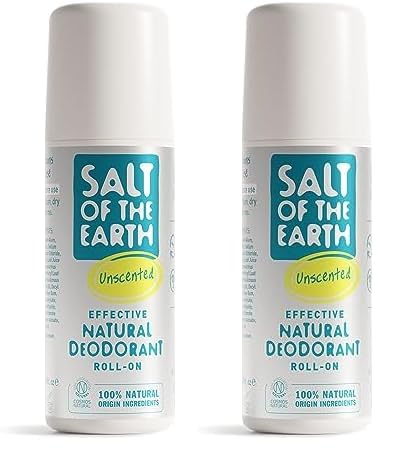 Salt of the Earth Desodorante Natural 100% – Desodorante Roll On Sin Fragancia – Desodorante Hombre, Mujer y Niños de Protección Efectiva y Vegano - 75 ml (Paquete de 2)