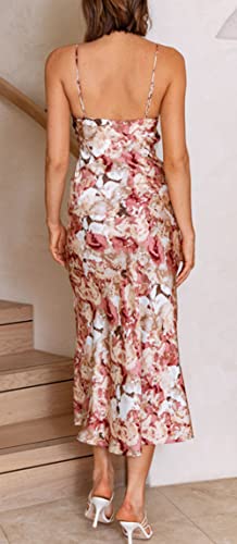 Image of Tsher Women's Sleeveless Spaghetti Strap Satin Wedding Guest Party Dress Cowl Neck Backless Midi Formal Dresses