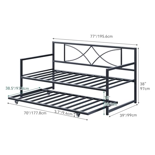 DWVO Twin Daybed Frame with Trundle, Metal Sofa Bed with Adjustable Height, Twin Size Mattress Foundation with Steel Slat Support for Guest Room Living Room - Black