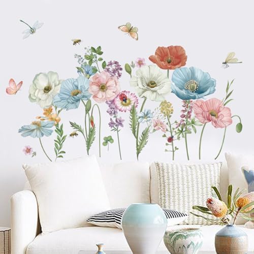 wondever Watercolor Poppy Floral Wall Stickers Garden Flower Peel and ...