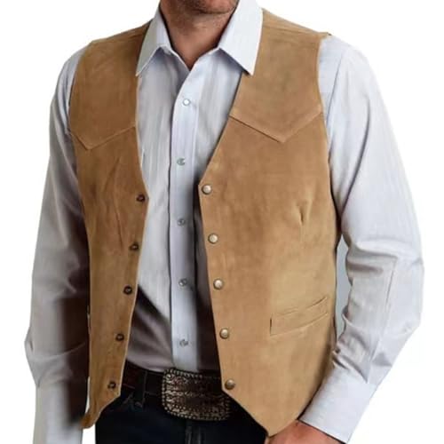 Oxxggkao Chaleco de gamuza para hombre, estilo occidental, sin mangas, chaleco informal ajustado con bolsillos para fiesta, diario, traje de negocios, vestido ajustado, caqui, L