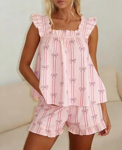 Image of ROAONOCOMO Women Floral Pajama Set Ruffle Babydoll Cami Top Coquette Pj Set Gingham 2 Piece Shorts Outfit Bridal Loungewear