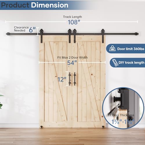 Image of EaseLife 9FT Double Door Sliding Barn Door Hardware Track Kit & Handle,Big Industrial Spoke Wheel,Wall Mount,Slide Smoothly Quietly,Easy Install,Black,108 inch Track Fit for 50-52 inch Wide Opening (No Door)