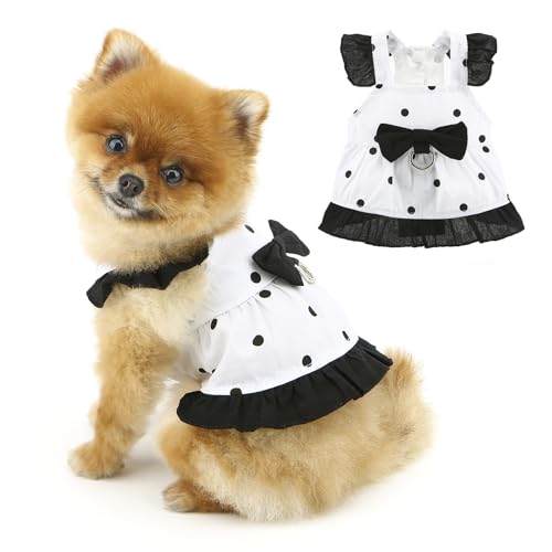 PAIDEFUL Girl Dog Princess Dress,Polka Dot Puppy Sundress Fashion One-Piece with Bowknot Soft Breathable Pet Strap Skirt Clothes Lightweight Button Up Cats Apparel Chihuahua Costume D-Ring,Black,S