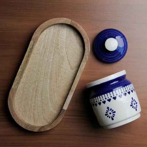Image of The Earth Store Blue Drape Ceramic Jar with Wooden Tray | 650ml Each | Pickle Jar | Kitchen Storage Container Set for Pickle, Cookies, Sugar, Tea, Coffee - 2 Jars & 1 Tray Combo Set