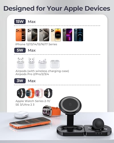 Image of Wireless Charger for iPhone, 3-in-1 Magnetic Charging Station for Apple, MagSafe Charger Stand for iPhone 17 Air 16 15 14 13 12 Series, Airpods Pro, Apple Watch Ultra, Foldable, No Adapter, Black