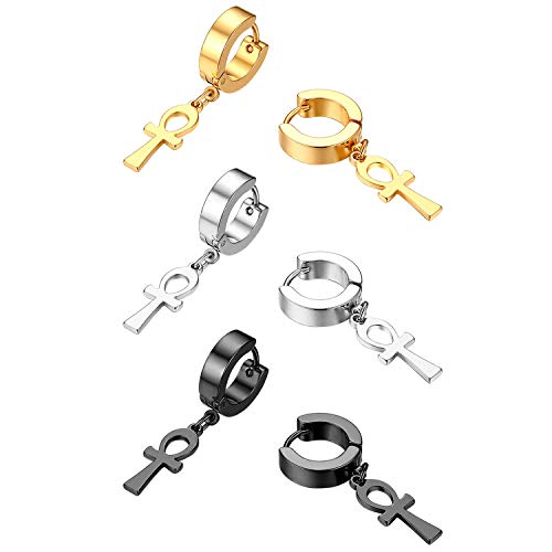 Ankh Cross Earrings for Men Women, Stainless Steel Egyptian Symbol Stud Earrings Dangle Hinged Piercing Hoop Earrings