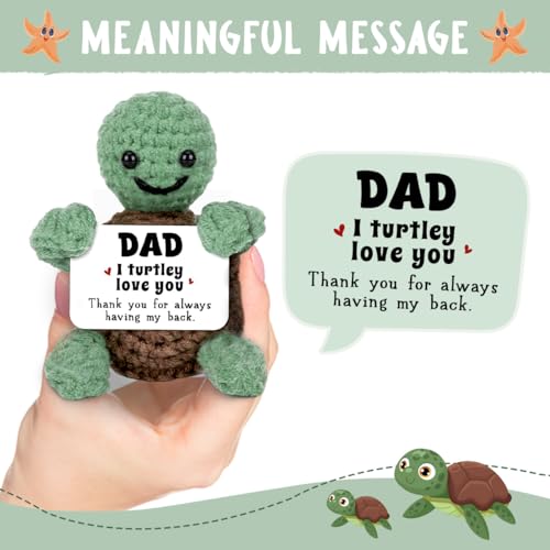 Image of Crochet Turtle Gift for Dad Stepdads Bonus Dad, Father Turtle Crochet with Positive Message, I Love You Dad Gift from Daughter Son Wife, Father's Day Decor