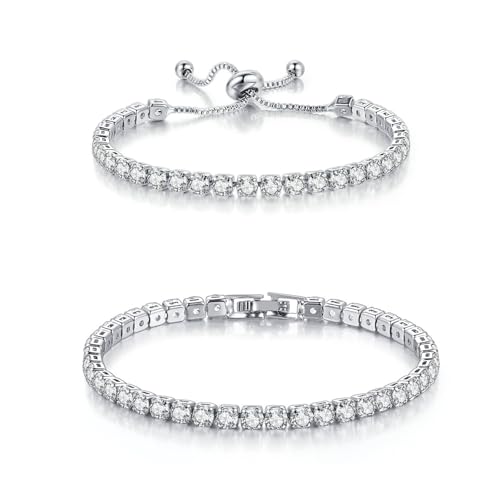 HinDaLi 2 Pièces Bracelet Tennis Femme Bracelet Argent pour Femme Fille Bracelet de Tennis Brillant Bracelet Femme Argent Cristal Bracelet en Argent Zirconium Strass...