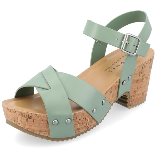 Journee Womens Crisscross Studded Chunky Block Cork Heel Buckle Ankle Strap Open Round Toe Valentina Platform