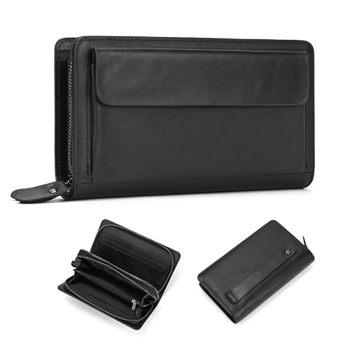 Genuine Leather Wallet Double Zipper Large Capacity Long Purse Clutch Bag Handbag Pouch Business Cash Cards Phone Holder, Black - Main Image